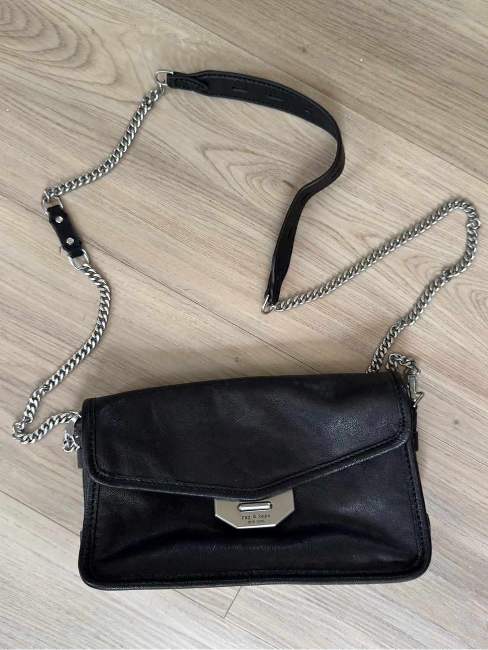 NWOT rag & bone Black Leather Crossbody with Silver Chain